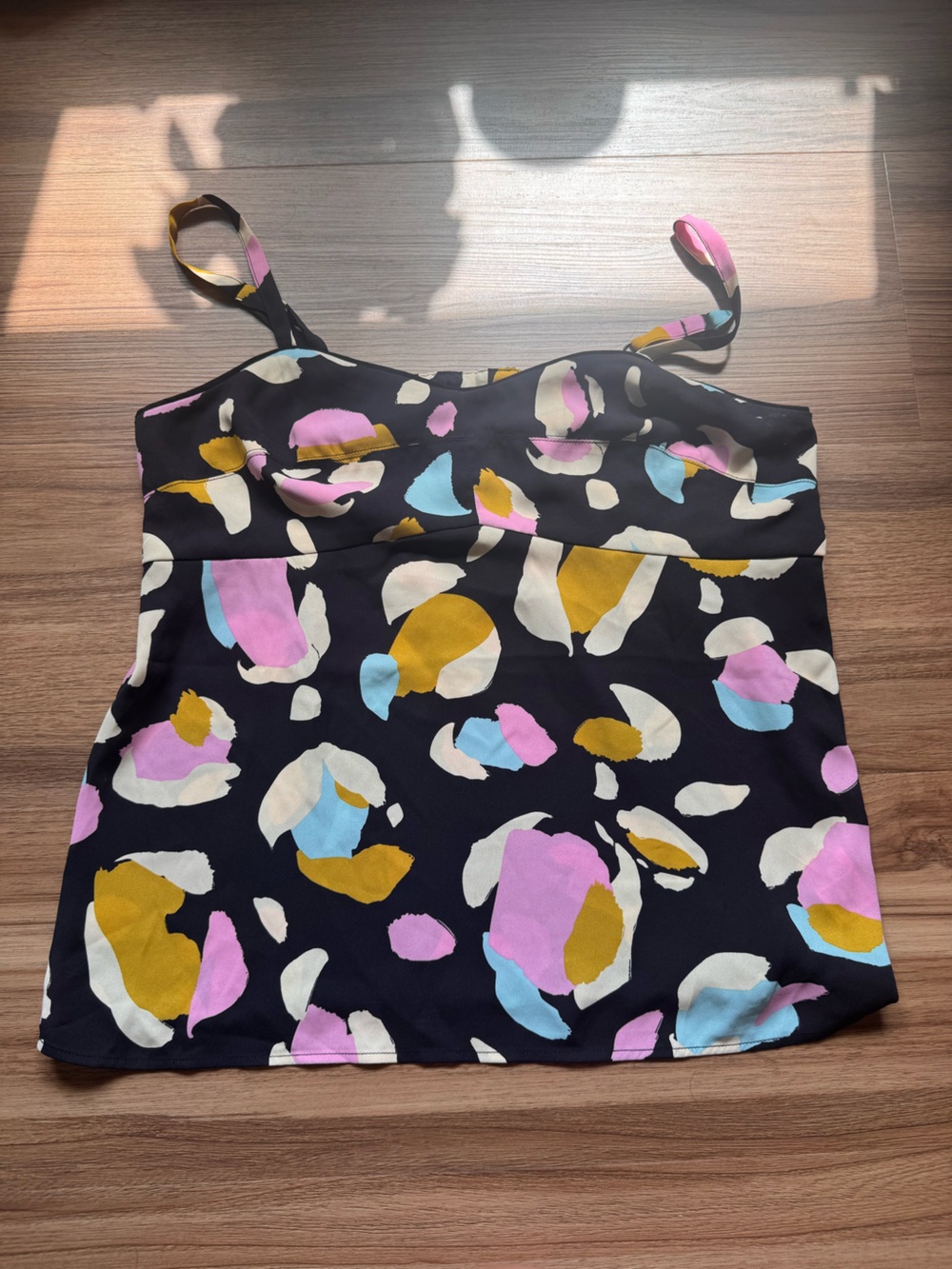 CAbi Black Cami with Pink, Blue, Mustard & Cream Abstract Print